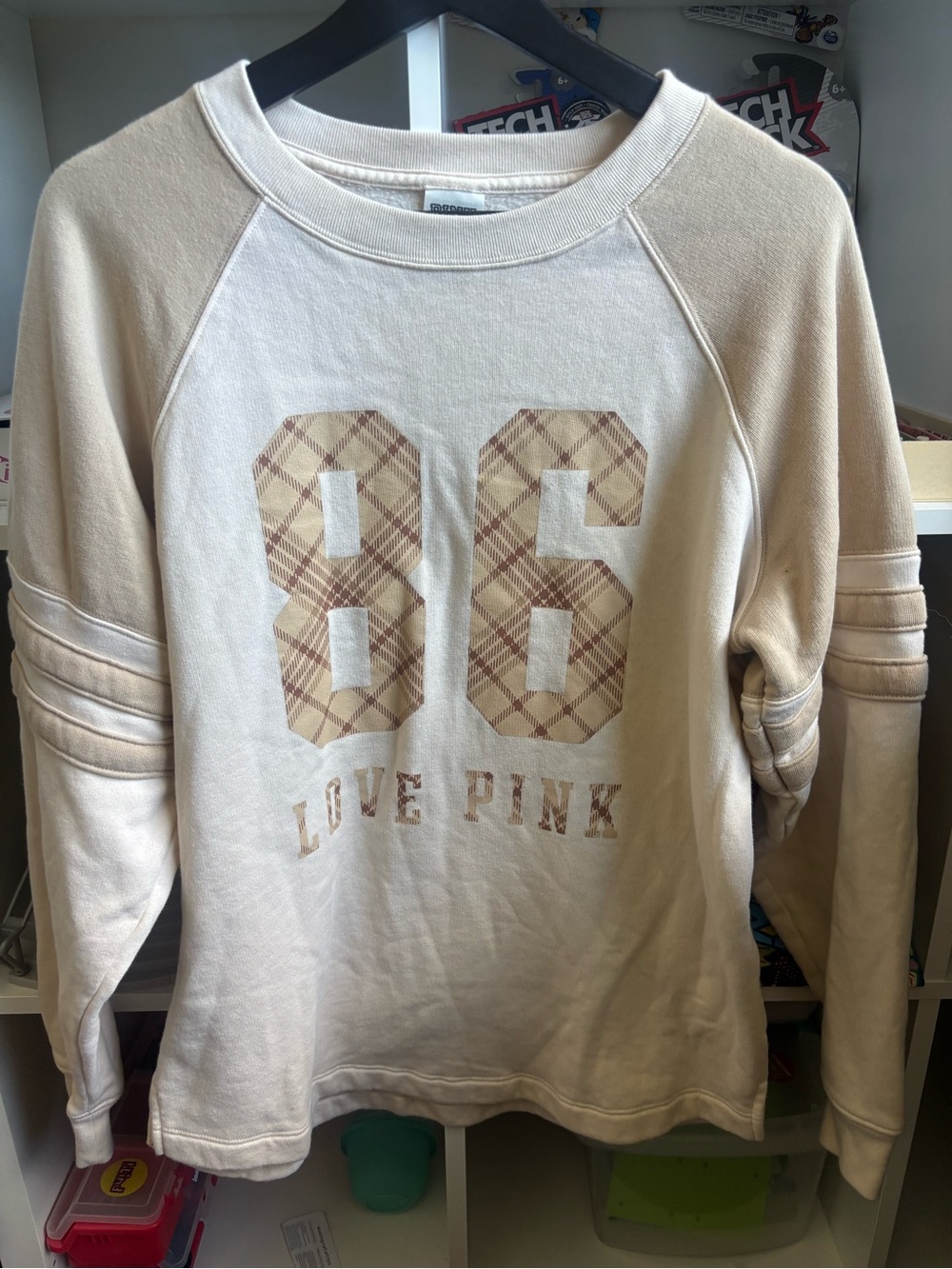 PINK Victoria's Secret Cream & Tan '86' Plaid Crewneck Sweatshirt
